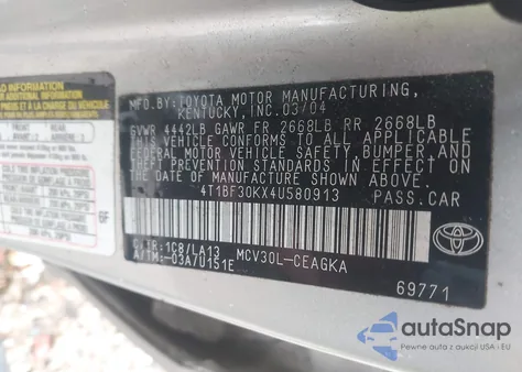 2004 Toyota Camry Xle V6 from USA, damaged, VIN 4T1BF30KX4U580913